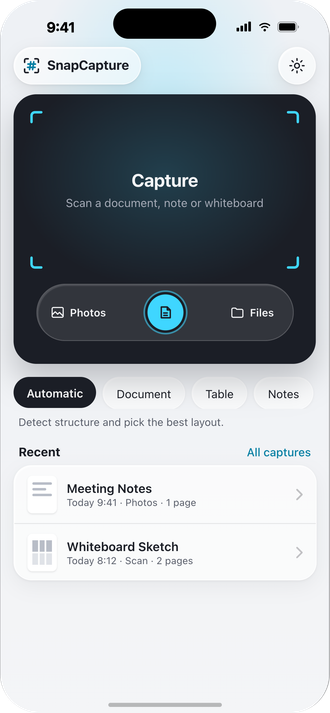 Markdown SnapCapture on iPhone: the Capture screen, with a viewfinder, Photos and Files sources, layout modes and a list of recent captures.